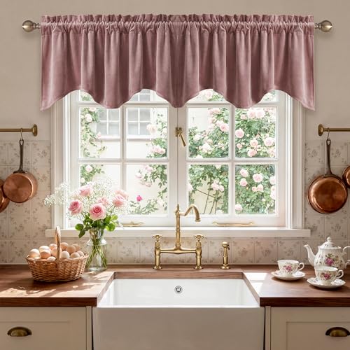 StangH Wild Rose Velvet Valance Home Decor 52x18 Inch 1 Panel - Wavy Pink Window Treatment for Kitchen Windows, Soft Decorative Short Drape for Girls Room, Bathroom, Spring Decor