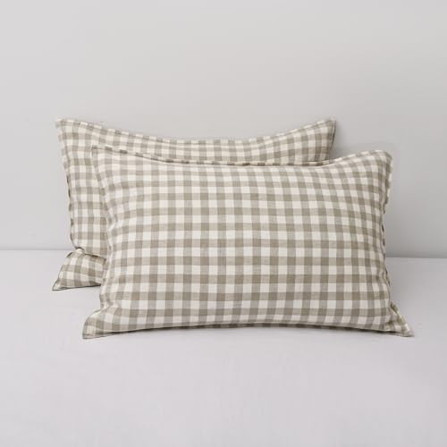 CHUFFED 100% French Linen Pillow Cases Queen Size Set of 2, Stone Washed Flax Pillow Shams with Zipper Closure - Breathable & Cooling for Hot Sleepers,20x30 Inches, Linen Plaid