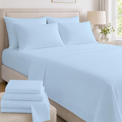 "Mattress-Homes Extra Deep Pocket 6 Piece King Sheet Set, Hotel Luxury Collection, 100% Egyptian Cotton, 21"" Deep Fitted Sheet, Soft, Cool & Breathable Bedding with 4 Pillowcases in Light Blue Solid"