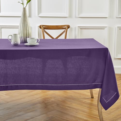 Solino Home 100% Pure Linen Tablecloth Purple, Classic Hemstitch 60 x 90 in - Classic Hemstitch Table Cloth For Thanksgiving Dining, Home Decor, Indoor & Outdoor Use, Parties, Gifting, Machine Washable