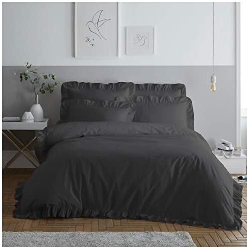 GAVENO CAVAILIA Ruffle Bedding Easy Care Plain Dyed Duvet Cover Frill Quilt Set, Polyester, 50% Cotton, Charcoal, Double 11582281