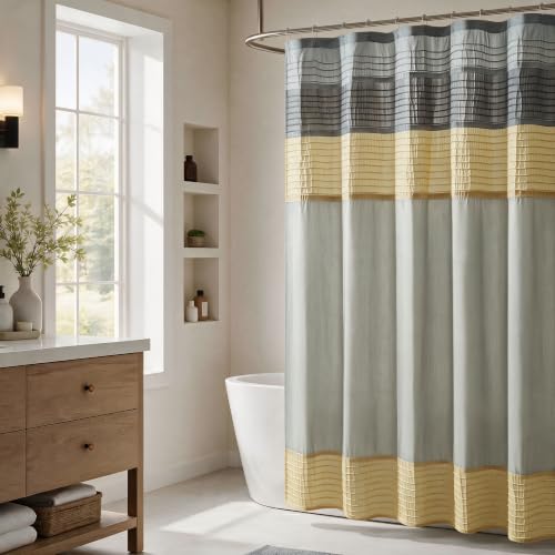 Madison Park Amherst Bathroom Shower Curtain Faux Silk Pieced Striped Modern Microfiber Bath Curtains, 72x72 Inches, Yellow