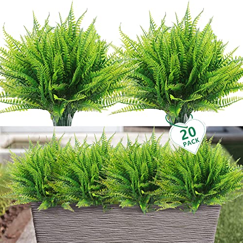 AUMVEYI 20 Pcs Ferns Artificial Plants Outdoor Fake Boston Fern Bushes Large Bundle Faux Fern Stems UV Resistant Plastic Flowers for Outside Planter Front Porch Garden Ground Greenery D??cor