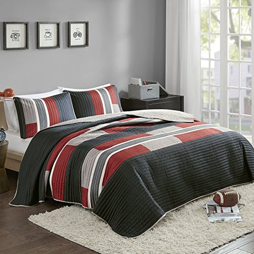 Comfort Spaces CS14-0864 3 Piece Quilt Coverlet Bedspread All Season Lightweight Hypoallergenic Pipeline Colorblock Kids Bedding Set, Full/Queen, Pierre Black/Red Stripe