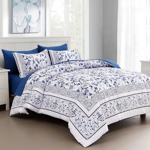 Dobuyly Floral King Size Comforter Set, Blue Flowers on White Botanical Bedding Set 7 Piece Bed in a Bag King, Soft Microfiber Bedding Comforter Sets with Sheets for All Season
