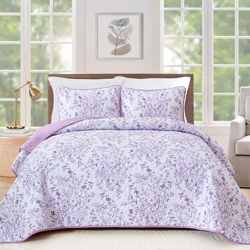 "WONGS BEDDING Quilt Set Queen Size - Floral Printed, Polyester Coverlet, Breathable All-Season, Fits Queen 96""x90"", Perfect for Bedroom Guest Room Home Decor"