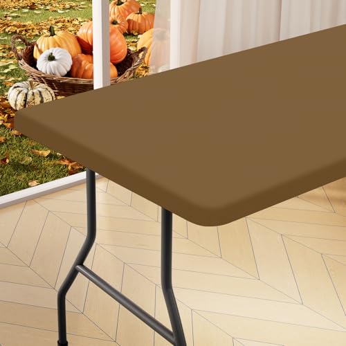 "homing Rectangle Table Cloth Cover, Waterproof Polyester Elastic Fitted Tablecloth, Fits for 4 Foot Folding Tables, Washable Table Protector for Picnic, Camping, Outdoor (Brown, 24"" x 48"")"