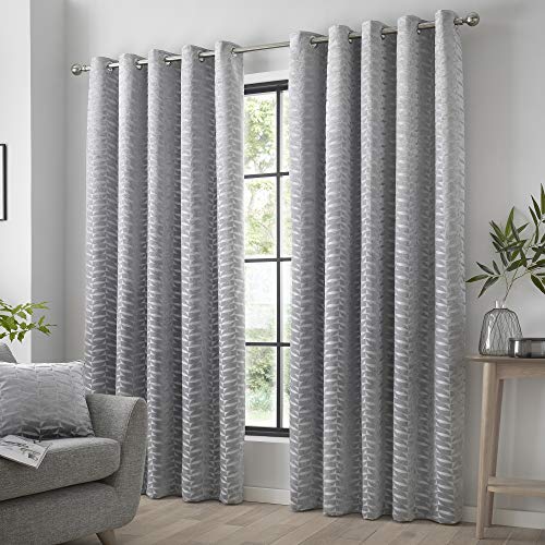 Curtina Luxury Silver Eyelet Curtains 46 x 54 Inch (117 x 137cm) – Jacquard Geometric Leaf Design Curtains, Pair of Panels for Bedroom or Living Room