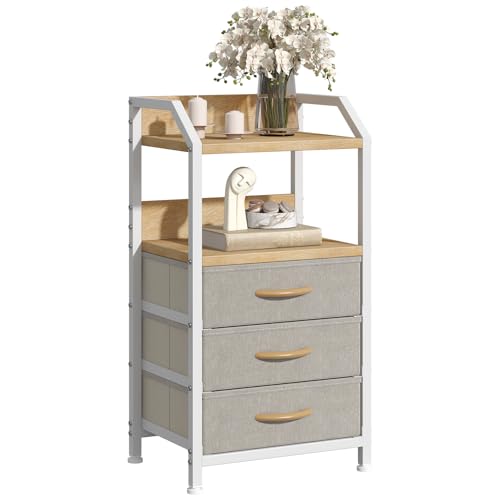 GoaHi Bedside Table, Nightstands with 3 Fabric Drawers and Open Shelf, Modern Sofa End Tables with Wood Top and Metal Frame for Bedroom, Living Room, Small Spaces,Khaki