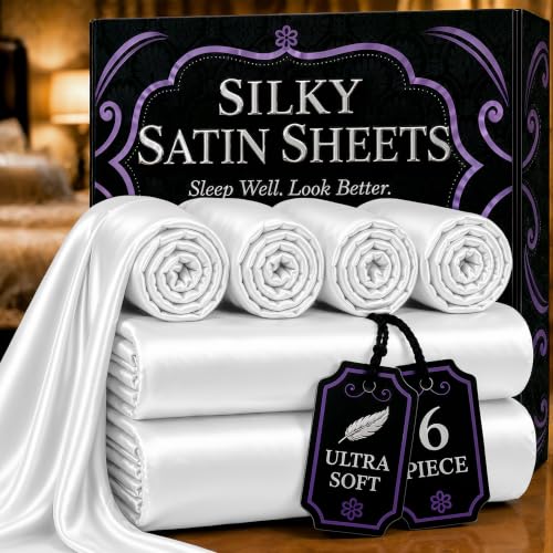 DECOLURE Satin Sheets Full Size Bed Set 6pcs - Elegant Satin Bed Sheets w/ 15 inch Deep Pocket - Hypoallergenic, Double Stitching, Wrinkle Free - Silky & Luxuriously Soft Satin Bedding (White)