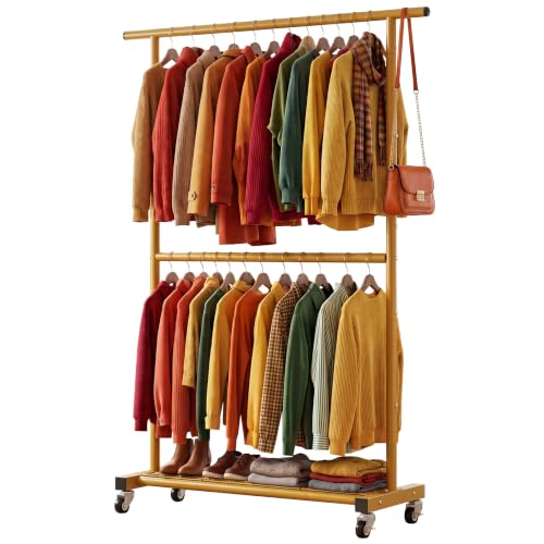 Sywhitta Double Rod Clothing Garment Rack, Rolling Coat Hanger with Bottom Mesh, Clothing Rack for Hanging Clothes, Coats, Skirts, Sweaters, Gold