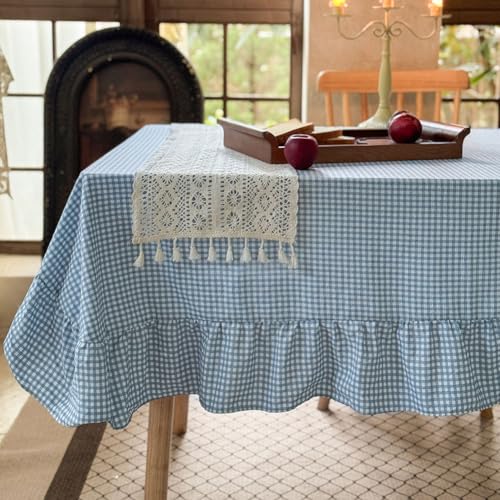 "NSNLGSGC Light Blue Plaid Gingham Ruffled Tablecloth Square 58""x58"", Taupe Washed Cotton Blended Checkered Table Cover for Dining Room or Kitchen"