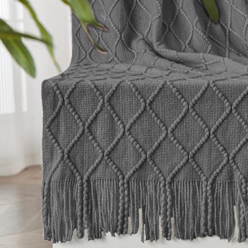"inhand Knitted Throw Blankets for Couch and Bed, Soft Cozy Knit Blanket with Tassel, Dark Grey Lightweight Decorative Blankets and Throws, Farmhouse Warm Woven Blanket for Men and Women, 60""x80"""