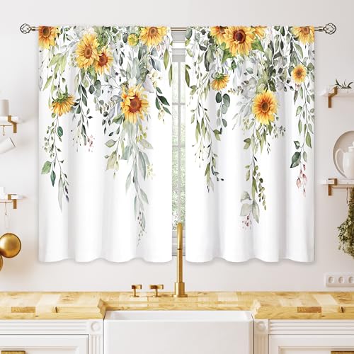 oolygoo Eucalyptus Botanical Leaves Sunflower Floral Kitchen Window Curtains Over Sink Farmhouse Flower Leaf Small Window Treatment Cafe Short Curtains for Bathroom Treatment Tier Drapes 26x24 inch
