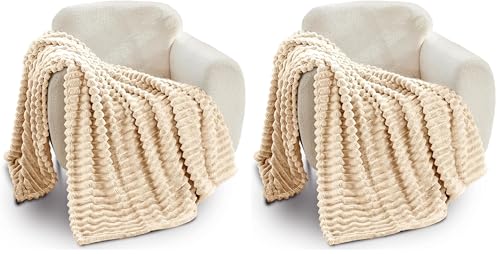 GC GAVENO CAVAILIA Ribbed Blanket Throw - Fluffy Fleece Throws For Sofas, Bed, Settee, Couch - Comfortable Extra Large Blankets & Throws - King Size 200x240 Cm - Cream (Pack of 2)