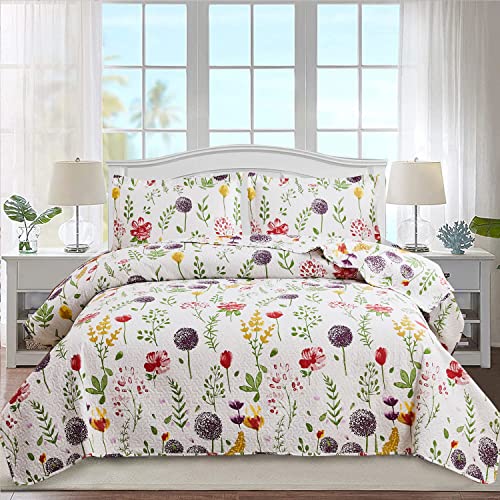 Ycosy Floral Quilt Sets Full/Queen Size Reversible Countryside Bedspread Coverlets Lightweight Purple Dandelion Quilt Green Leaves Bed Covers for All Season,1 Quilt +2 Pillow Shams