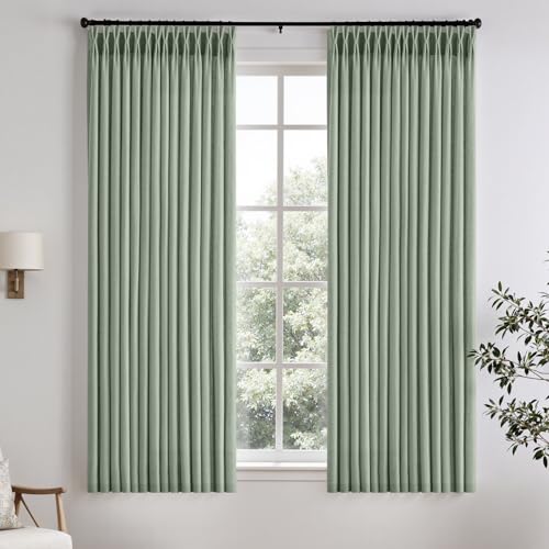 Sage Green Pinch Pleated Linen Sheer Curtains 63 Inches Long, Memory Shape Pleated Curtains Living Room Bedroom, Textured Thick Semi Sheer Privacy Curtain Drapes Farmhouse Light Filtering Curtain