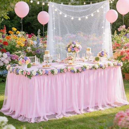 Little Funny Light Pink Tablecloth for 6 Foot Rectangle Table, Baby Pink Tulle Tutu Tables Skirt Party Table Cover 6ft Baby Shower Banquet Dessert Wedding Pink Tables Cloths Ruffle Bridal Shower