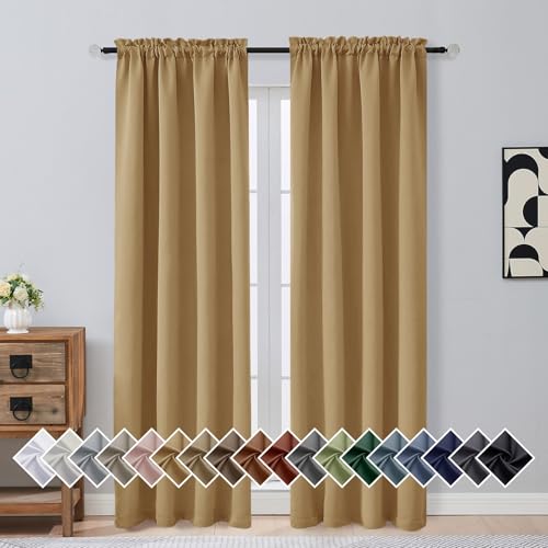 OVZME Gold Blackout Curtains for Bedroom 84 Inch Length 2 Panels Set, Soft Fabric Room Darkening Curtains for Living Room, Dual Rod Pocket Design Modern Window Treatment Drapes, 2x40Wx84L Inches