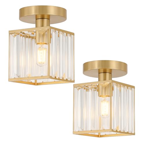 LEDSone 2 Pack K9 Crystal Cube Ceiling Light 13x13 cm Shade Modern Gold Semi Flush Mount Fixture Small Chandelier for Entryway, Hallway, Bedroom, Kitchen