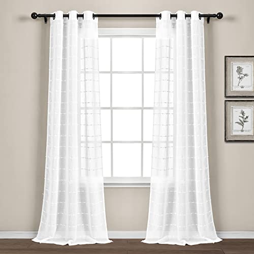 "Lush Decor Farmhouse Textured Grommet Sheer Window Curtain Panel Pair, 95"" L x 38"" W, BleachWhite"
