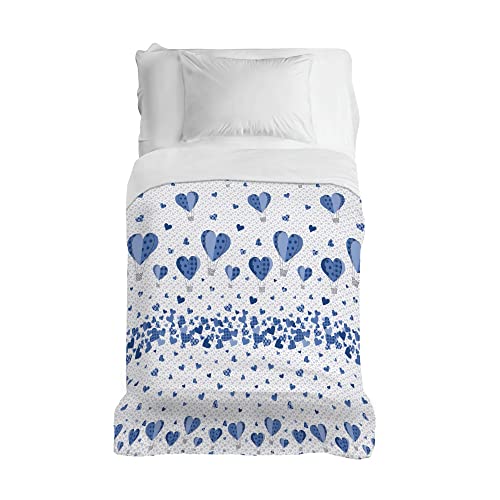 PENSIERI DELICATI Bedspread 220 x 280 cm, Single Sheet 100% Cotton Pique, Ideal as a Furniture Cover, 1 and a Half Bed Blanket, Blue Hot Air Balloon, 100% Made in Italy