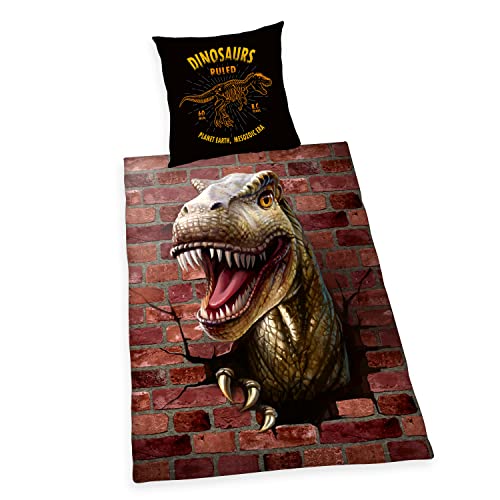 Dinosaur 3D Bedding, Pillowcase approx. 80 x 80 cm, Duvet Cover approx. 135 x 200 cm, with Smooth-Running Branded Zip, 100% Cotton Renforcé