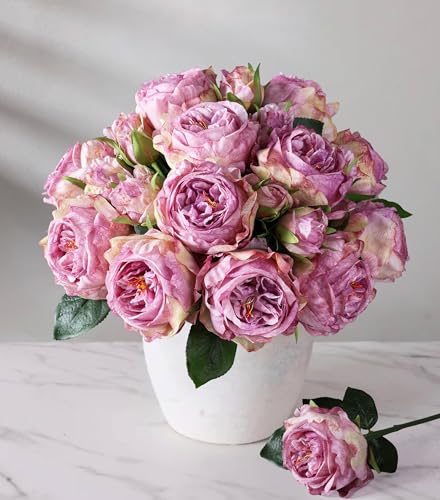 florisso Purple Austin Rose Faux Flowers - 13 Branches Faux Austin Roses for Wedding Centerpieces, Home Decor & Party Accents (Artificial Roses)
