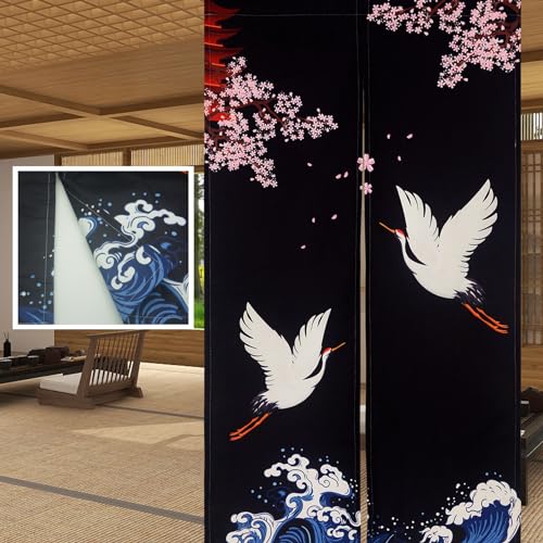 "LIGICKY Noren Doorway Curtain Japanese Style Cranes Waves Cherryblossom Double Sided Printed Cotton Linen Window Treatment Door Tapestry for Home Decoration 33.5"" Width x 59"" Long, Black"