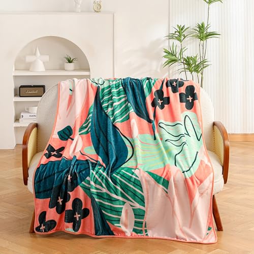 Tyrot Boho Floral Flannel Fleece Throw Blanket ??? Soft, Warm & Lightweight Fuzzy Blanket for Couch, Bed, or Sofa Decor, Cute Botanical Design for Women & Girls, 50''x60'', Coral