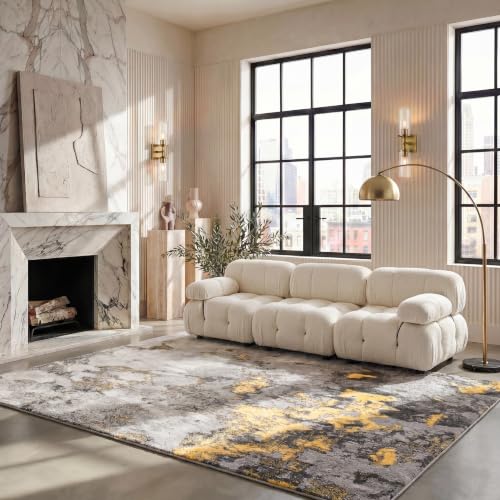 SAFAVIEH Abstract Rug for Living Room, Dining Room, Bedroom - Adirondack Collection, Short Pile, in Grey and Yellow, 240 X 300 cm