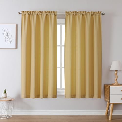"Chyhomenyc Gold Curtains 63 Inch Length 2 Panels, Faux Linen Textured Semi Sheer Light Filtering Soft Airy Rod Pocket Window Treatment Drapes for Living Room Bedroom, Each 40"" Wx63 L"