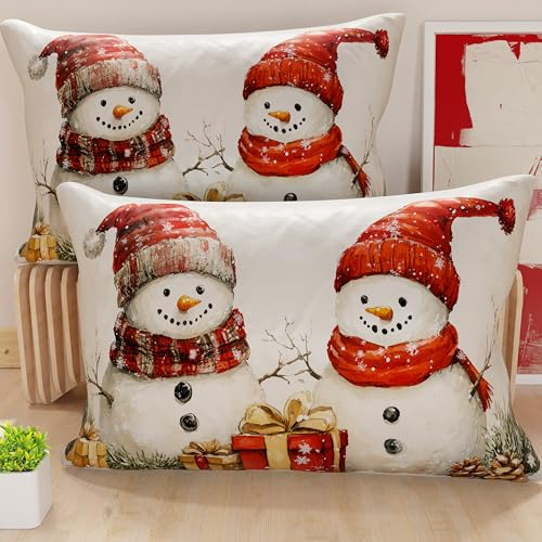 PETTI Italian Artisans - Pair of 40x70 cm Microfiber Cushion Covers, Christmas Pillow Covers, Christmas Decor Cushions for Bedroom, Sofa, Living Room, Set of 2 Cushion Covers, Snowman Pillow Cover 01