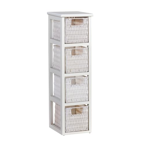 Home Source Bathroom Chest of Drawers, 4 White PE Rattan Storage Baskets, Painted Wooden Frame, 67cm