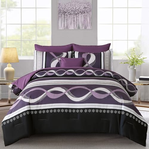 "Purple Comforter Set Queen Size, 8 Pieces Bed in a Bag Patchwork Striped Comforter Set, Soft Microfiber Boho Bedding Set for All Season(90""??90"")"