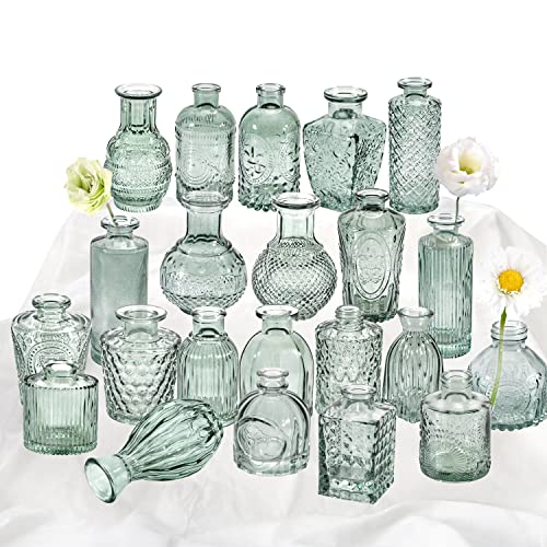 Green Glass Bud Vase Set of 22, Small Vases for Flowers, Clear Glass Vases for Centerpieces, Mini Bud Vases in Bulk Rustic Wedding Decorations, Centerpieces, Vintage Look Home Table Flower Decor
