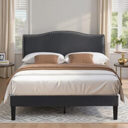 VECELO Double Bed Frame, Upholstered Platform with Adjustable Headboard, Mattress Foundation, Sturdy Wooden Slat Support, No Box Spring Needed, Non-Slip and Noise-Free, Easy Assembly, Dark Grey
