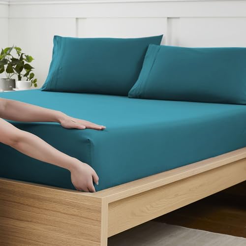 Full Size Fitted Sheet Only with Full Elastic & Built in Corner Sheet Straps to Prevent Shifting - Soft & Breathable Brushed Microfiber Bottom Sheet, Full, Teal