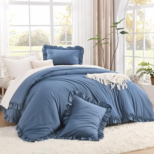 Litanika Queen Comforter Set, 3 Pieces Ocean Blue Ruffle Bedding Set - Farmhouse Shabby Chic Aesthetic Soft Fluffy Lightweight Breathable Bed Set for Girls Women Room Decor Gift All Season