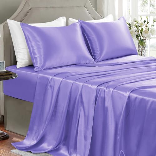 GOLAL Satin Sheets Full Size - 4 Pieces Luxury Silky Soft Bed Sheets, Wrinkle-free Lavender satin silk sheet set with 1 Deep Pocket Fitted Sheet, 1 Flat Sheet, 2 Pillow cases