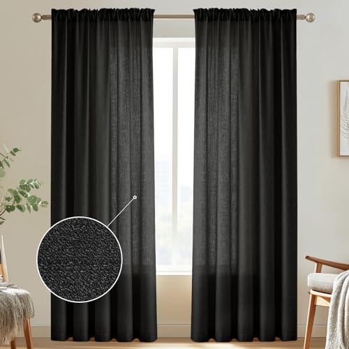 "Melodieux Black Semi Sheer Curtains 84 Inches Long for Living Room, Bedroom Linen Look Farmhouse Rod Pocket Shiny Sheer Curtain Drapes Light Filtering Home Office, 52"" W x 84"" L, 2 Panels"