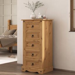 Mews Corona 5 Drawer Narrow Chest Tallboy, Mexican Pine, Distressed Waxed Pine Finish, Solid Pine, Bedroom