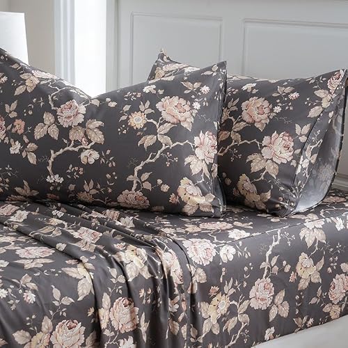 Zusbest Dark Brown Floral Bed Sheets Set - California King Percale Cotton Shabby Rustic Peony Flower Print Bed Sheets - Soft Breathable Mocha Classic Vintage Bedding 4 Pcs Deep Pockets Flower Sheets