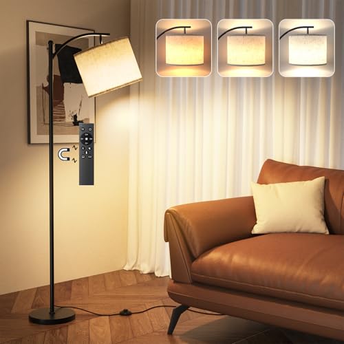 Living Room Floor Lamp, Modern 160cm Dimmable Floor Lamp with 3 Color Temperatures, Beige Linen Shade and Remote Control and Foot Switch (12W Bulb Included)