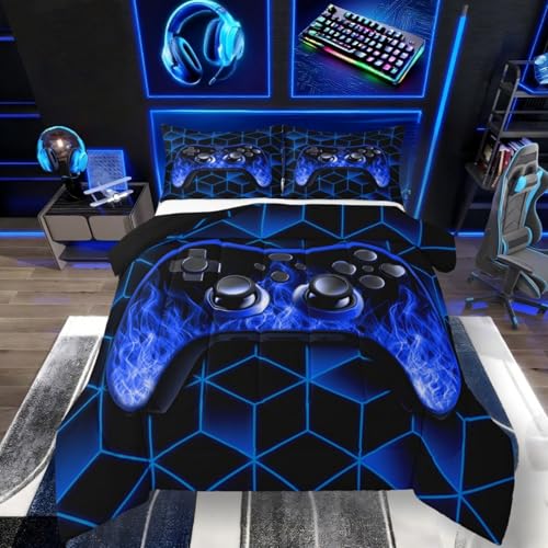Blue Kids Bedding Sets for Boys Gamer Gifts, Neon Geometry Twin Comforter Set, 3D Geometric Kids Twin Bedding Set with Flame Game Consoles Gamer Decor