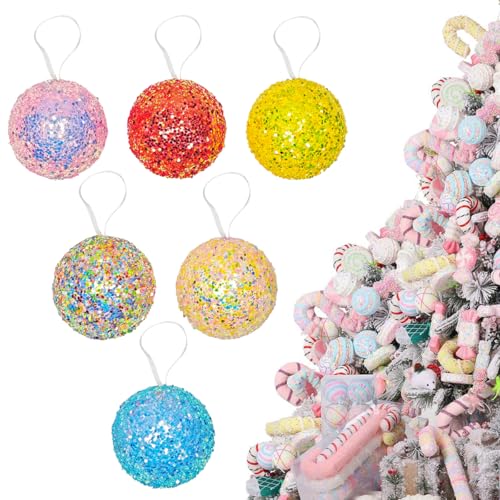 LANGXUN 6pcs Candy Land 2025 Christmas Tree D??cor, Party Decoration, Hanging Candy Cane,Xmas Ornaments Crafts (3.2 inch Rainbow Ball)