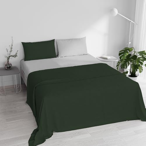 Double Bed Sheet Set, 100% Natural Cotton, Made in Italy – Complete Bed Set, Fitted Sheet, Top Sheet 240 x 300 cm and Pillowcases with Inner Flap, Olive Green/Light Grey