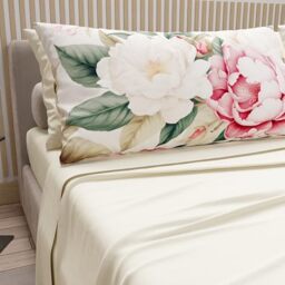PETTI Artigiani Italiani - Cotton Sheets with Pillowcases in Digital Print, French Quarter Size, Top and Bottom Sheet Set with Corners, Sofia Cream, 100% Made in Italy