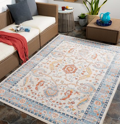 Livabliss Galilea Dyje Indoor Outdoor Floor Covering 160x213 cm – Boho Pattern for Living Room, Dining & Kitchen, Waterproof & Stain-Resistant, Rust, Blue, Beige & Tan