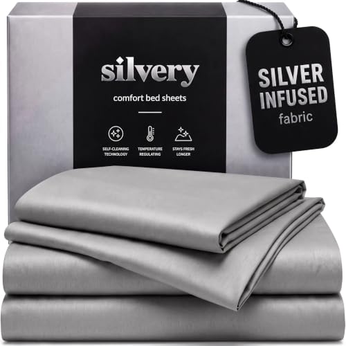 Silvery Silver Infused Bed Sheets Set - Ultra-Soft Temperature-Regulating Fabric with Self-Cleaning Technology??? That Stays Fresh 3X Longer for Hygienic Sleep